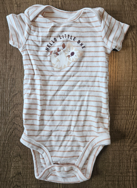 A White Onesie With Brown Stripes And A Koala That Says "Hello Little One"